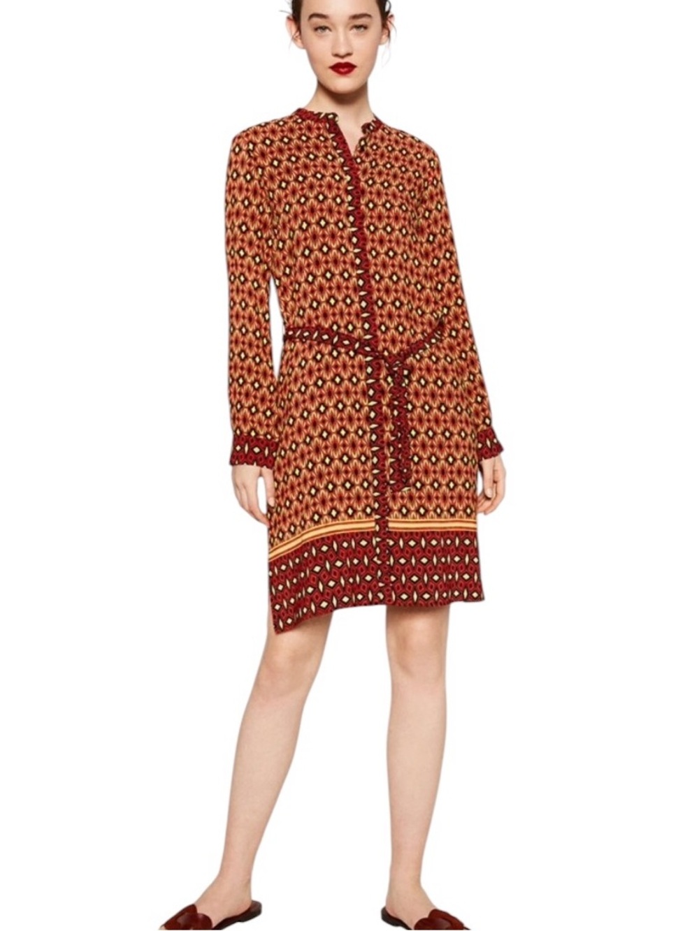 Zara Red Geometric Print Belted Tie Waist Mini Shirt Dress - S